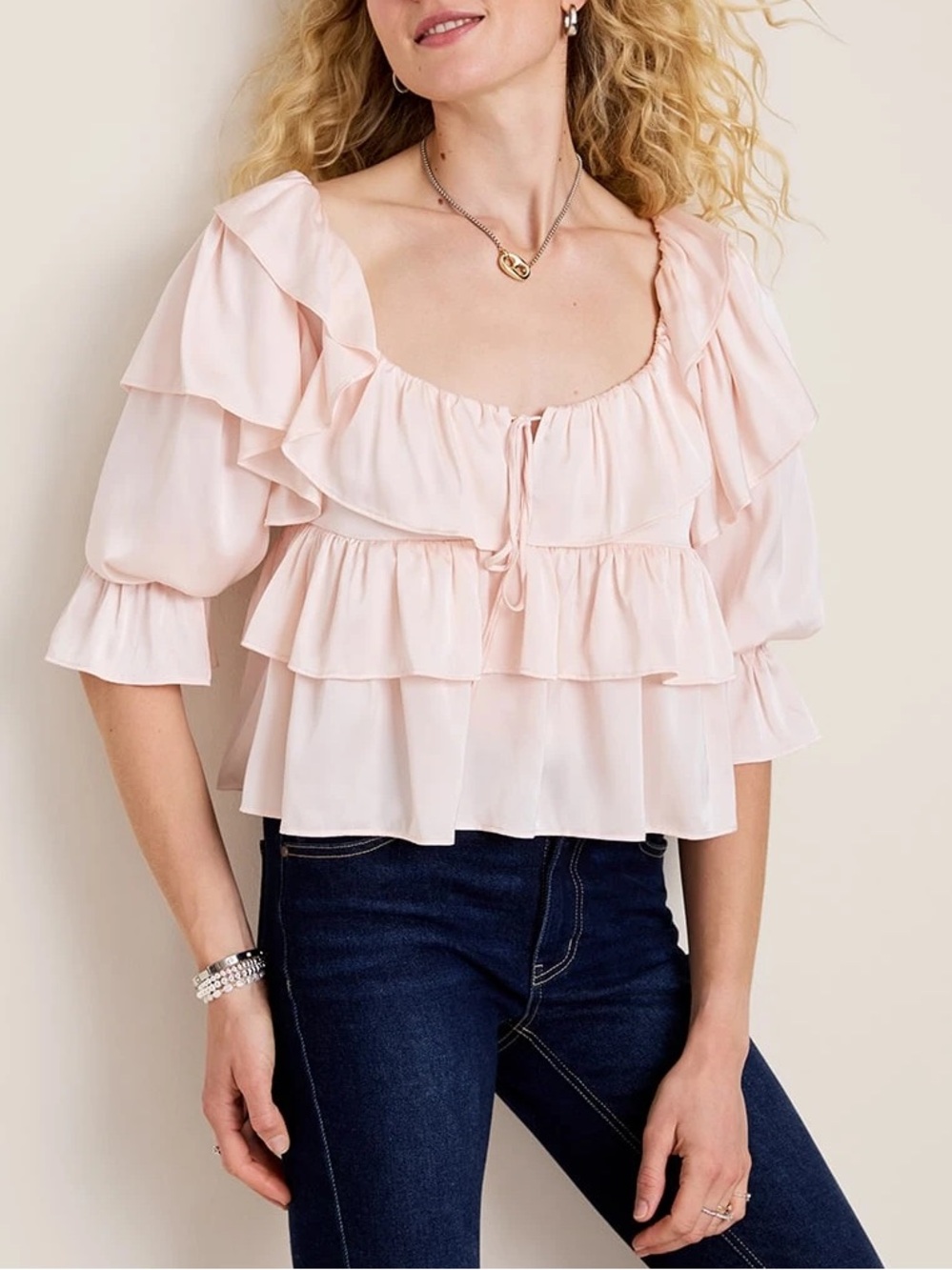 FRANCESCA’S Ella Pale Pink Ruffled Tiered Satin Blouse SMALL